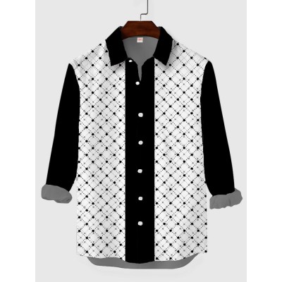 Mid-Century Black-White Dot and Line Fashion Printing Men's Long Sleeve Shirt