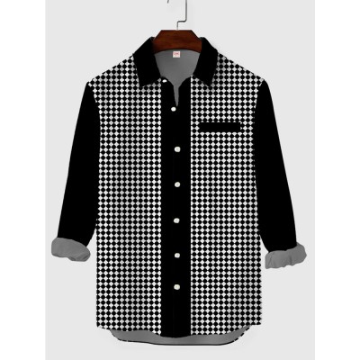 Mid Century Modern Black & White Pattern Printing Pocketless Men's Long Sleeve Shirt