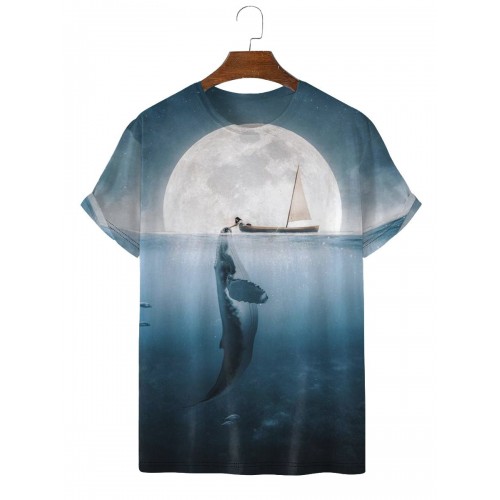 Men's Fashion Whale Crew Neck Print T-Shirt