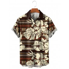 Abstract Hibiscus Tribal Pattern Casual Short Sleeve Shirt