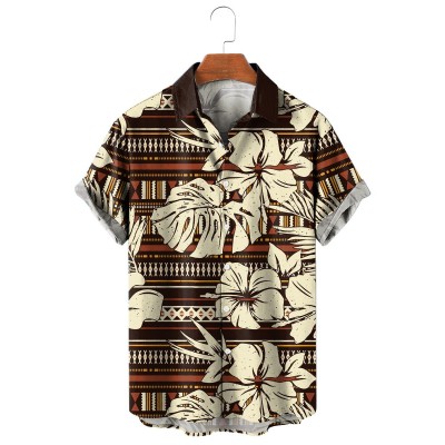 Abstract Hibiscus Tribal Pattern Casual Short Sleeve Shirt