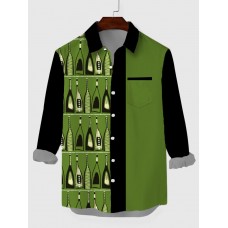 Black & Green Stitching Elegant Art Bottles Printing Breast Pocket Men's Long Sleeve Shirt