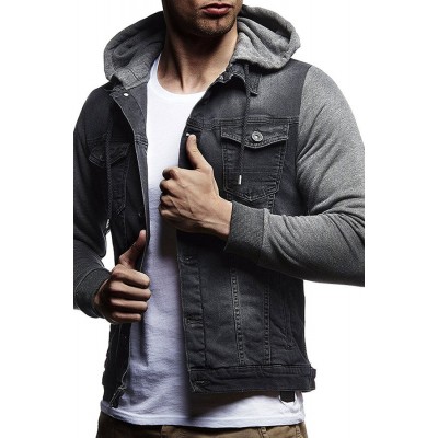 Men's Knit Hooded Denim Jacket Fashion Stitching Denim Coat