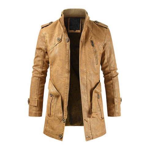 MENS MID-LENGTH CASUAL STAND-COLLAR SLIM LEATHER JACKET