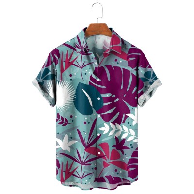 Summer Tropical Palm Leaf Jungle Print Short Sleeve Shirt