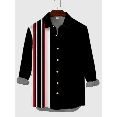 Vintage Stripe Patchwork Button Down Men's Long Sleeve Shirt