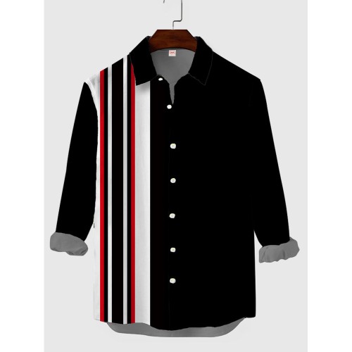 Vintage Stripe Patchwork Button Down Men's Long Sleeve Shirt