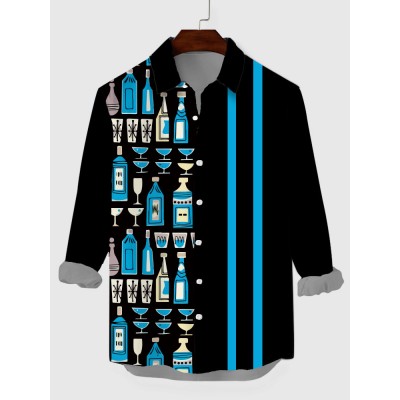 Vintage Black and Blue Contrasting Color Bottle Pattern Printing Men's Long Sleeve Shirt
